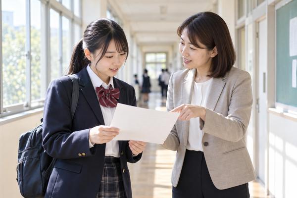 学校の廊下で模試の案内用紙を見せ、漢文の出題範囲を国語の先生に確認する高校生
