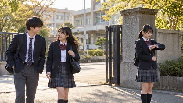 二人が先に登校し、もう一人は校門で待っている場面。全員がそろうとは限らないことの例え