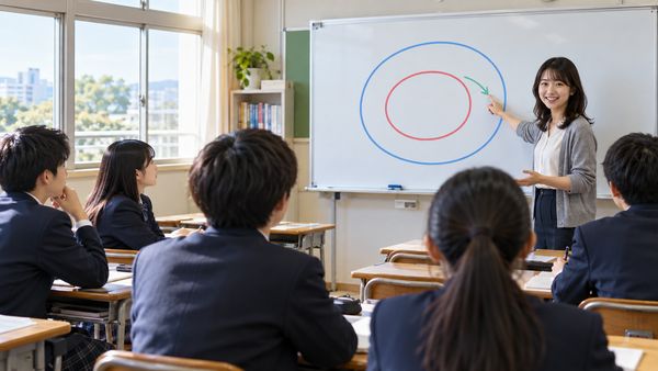 黒板に赤い輪を青い輪が包む図を描いて説明する先生と生徒たち