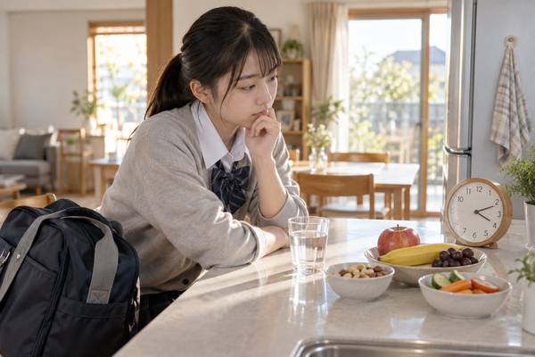 下校後のキッチンで、時計と果物を前に、補給が必要かどうかを考えている制服の中学生