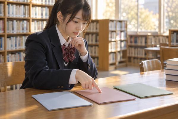 制服姿の高校生が、明るい学校の図書室で3冊のファイルを見比べ、1つを指さして目標を決めている様子