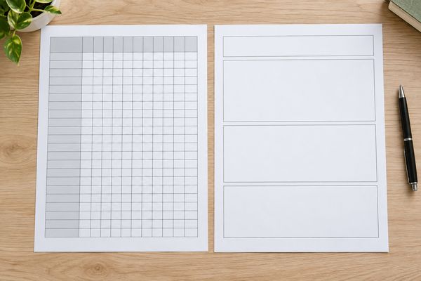 用途の違う2枚の成績表テンプレートを机に並べた写真。左は点数を蓄積する管理用のマス目の表、右は面談で使う記入欄の広い様式