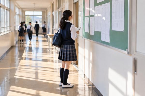 学校の廊下で掲示板に貼られた期末テストの範囲表を確認する中学一年生