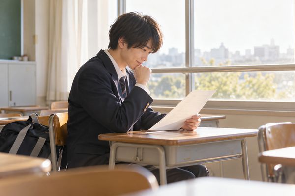 教室で返却された現代文の答案を見直し、迷った問題を確かめる高校生