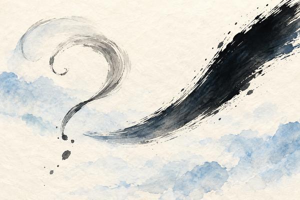 問いかけるような淡い墨の線が、力強い一本の線へ変わっていく和紙の水彩イラスト