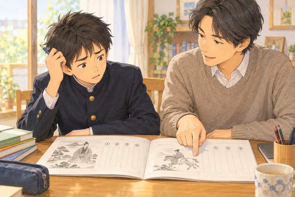 二種類の数字が並ぶ漢文の問題集を前に、講師が生徒へ設問の違いを指さして説明しているイラスト