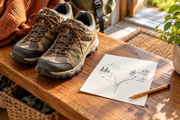 玄関先に置かれた登山靴と、二股に分かれた山道を描いた紙