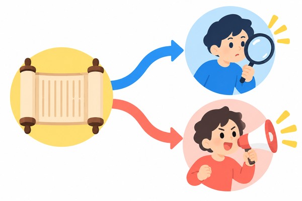 一つの漢文が「情報を求める疑問」と「主張を伝える反語」の二方向に分かれることを、虫眼鏡とメガホンで表した図