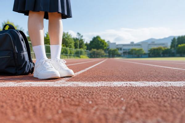 晴れた学校のグラウンドで、白いスニーカーと通学用のリュックがトラックのスタートラインの手前に置かれている様子
