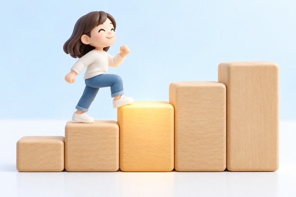 5段の階段のうち真ん中の3段目が明るく光り、そこから上の段へ進もうとしている中学生のイラスト