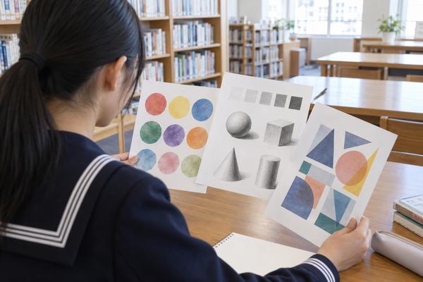 制服姿の中学生が、色彩・鉛筆デッサン・デザイン構成と内容の異なる3枚のプリントを机に広げて見比べている様子