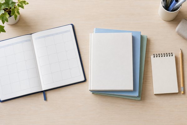 机の上に並べた、予定表の手帳・教科書とワークの3冊・進度を書く小さなリングメモ