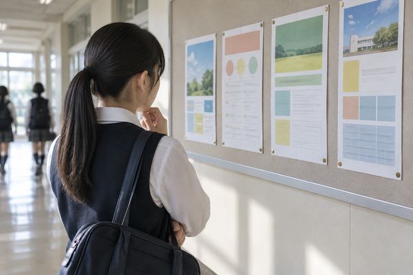 中学校の廊下で掲示板の高校案内を見比べる制服姿の生徒