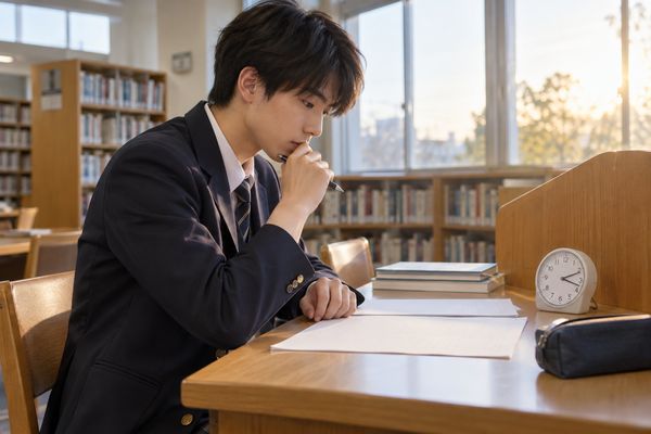 時計を置いて英語の長文を時間を測りながら解く高校3年生