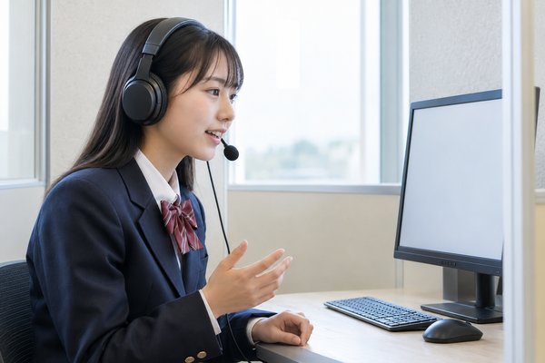 ヘッドセットを着けてパソコンに向かい英語で話す力を測る高校生