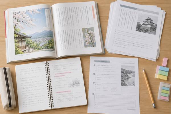 定期テスト対策で使う国語の教科書・ノート・授業プリント・問題プリントを机に並べた様子