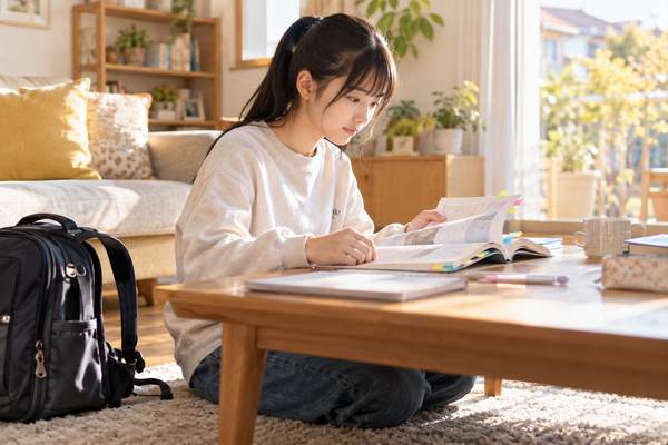 学校から帰宅したあと、リビングのローテーブルで付箋を貼った教科書を読み進める私服の中学生