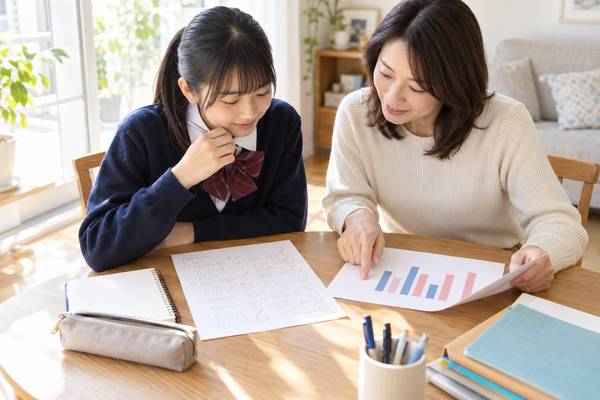自宅のテーブルで、返却された答案と学年の得点分布のグラフを、中学生と保護者が並べて見比べている様子