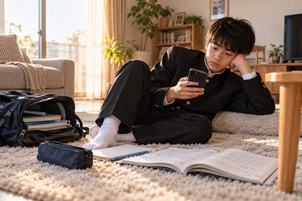 制服のまま床に座り、開いたままのワークの横でスマートフォンを見ている中学生