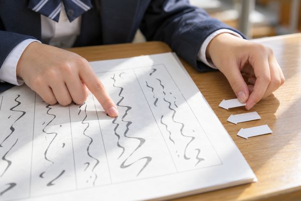 縦書きの漢文を指でたどり、返り点に合わせて読む順番を確かめている制服の高校生の手元