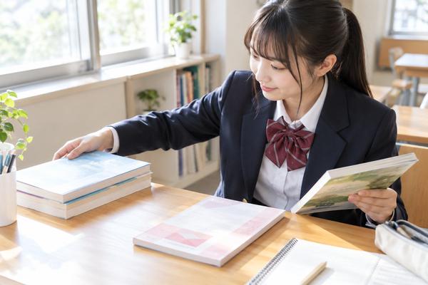 教室の机で教科書と問題集を見比べ、どの教材から句法を覚えるか選んでいる制服の高校生