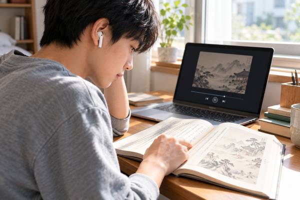 イヤホンで例文の音読を聞きながら、開いた漢文の教材を指で追う高校生