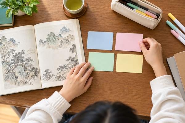 開いた漢文の本の横に四色の付箋を並べ、受け身の基本形を四つに整理している手元
