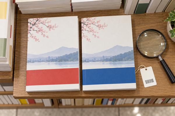 書店のカウンターに並べた帯の色が違う2冊の問題集と虫眼鏡。買う前に版を確かめる場面