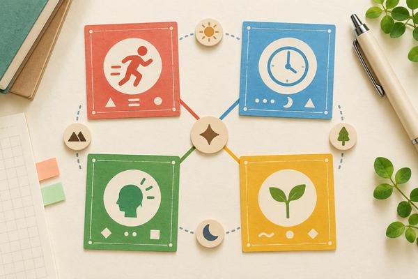 動作・時間・判断・存在を表す4枚の色違いカードを机に並べ、否定語を役割で整理したイメージ