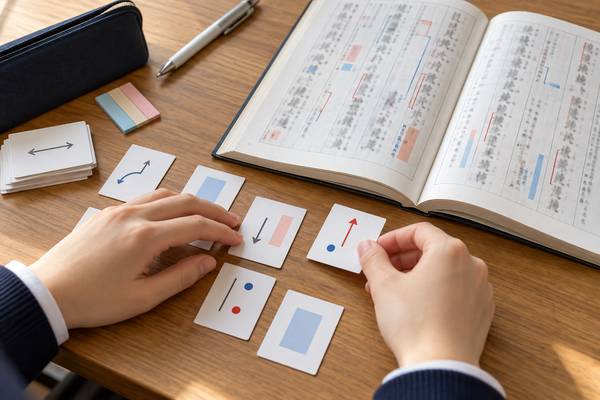 漢文のテキストの横で、返り点や語順を表すカードを並べて確かめる高校生の手元