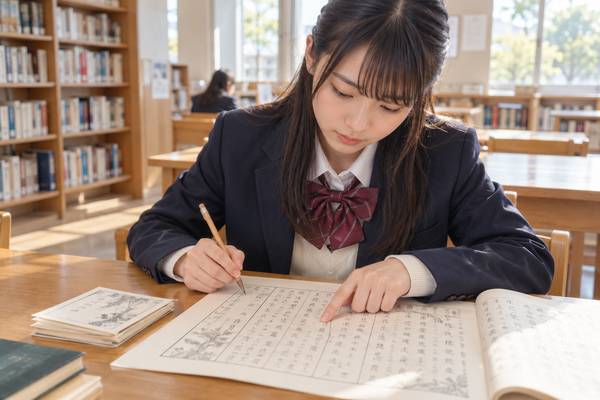 図書室で漢文の練習プリントの読む順番を指でたどりながら書き下し文を書く高校生