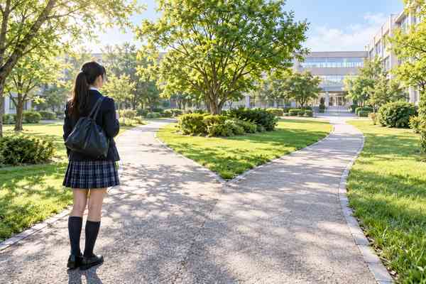 学校の中庭で二手に分かれる道の前に立ち、どちらへ進むかを考える高校生