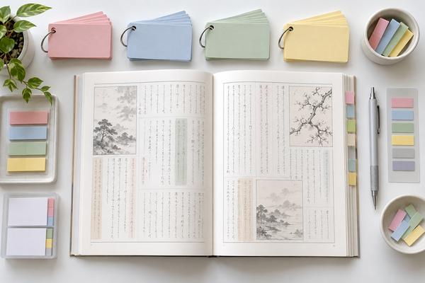 色分けした暗記カードと漢文の参考書を広げて頻出字を整理する机の上