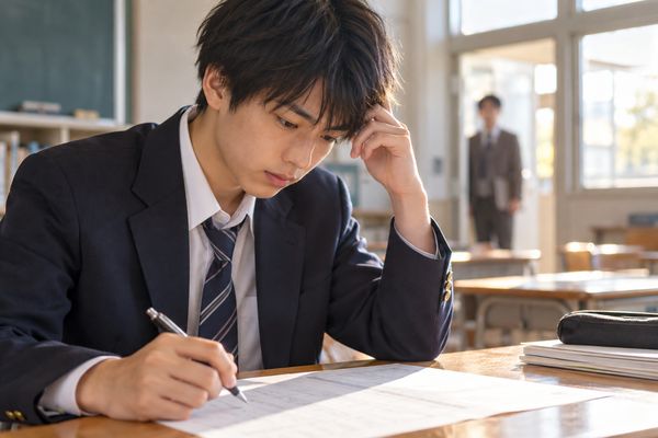 漢文の問題用紙を前に、どこで詰まったか考え込む高校生