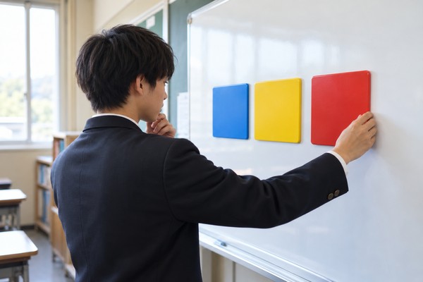 教室のホワイトボードで3色のカードを左から順に並べ、漢文の語順を確かめている制服姿の高校生