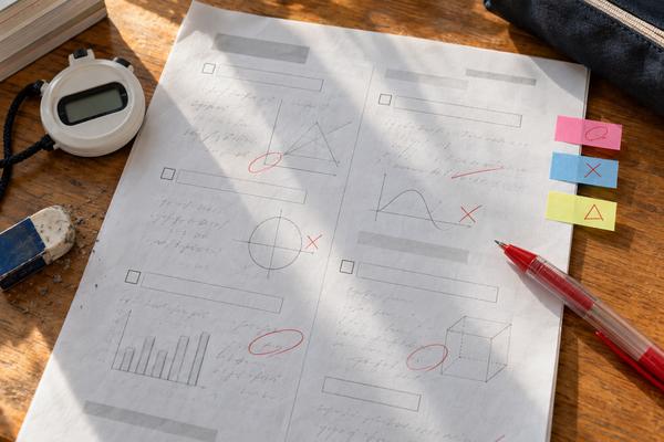 返却された答案に赤ペンとストップウォッチを添え、失点を三色の付箋で仕分けている机の上