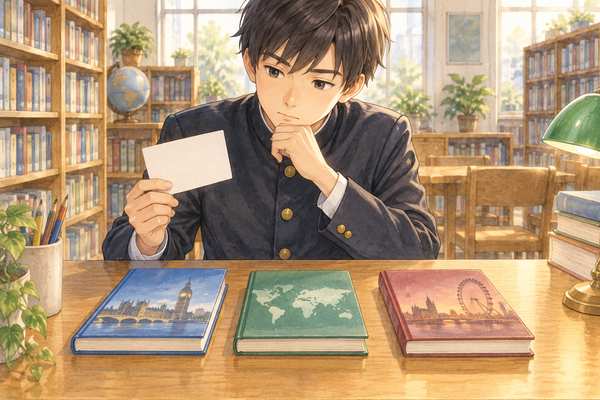 学校の図書室で、英語の文章と設問を見比べながら考えている制服の中学生