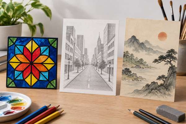 机の上に並べた、ステンドグラスのデザイン画・一点透視図法の街の鉛筆画・水墨画の3種類の中学美術作品