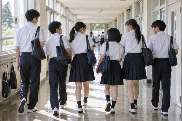 同じ制服を着た中学生たちが学校の廊下を歩く後ろ姿。背の高さが一人ひとり違うことがわかる
