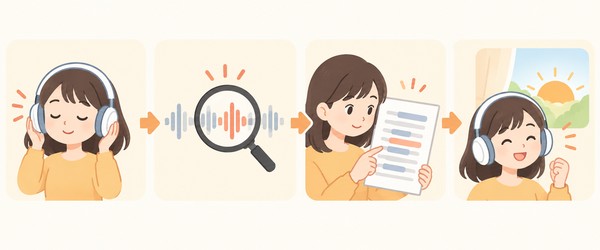 音声を聞く、止まった箇所を特定する、スクリプトで確かめる、翌日もう一度聞くという4手順の図