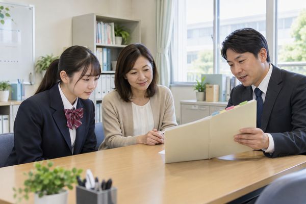 高校生と保護者が担任と資料を見ながら単位認定の基準を確認している
