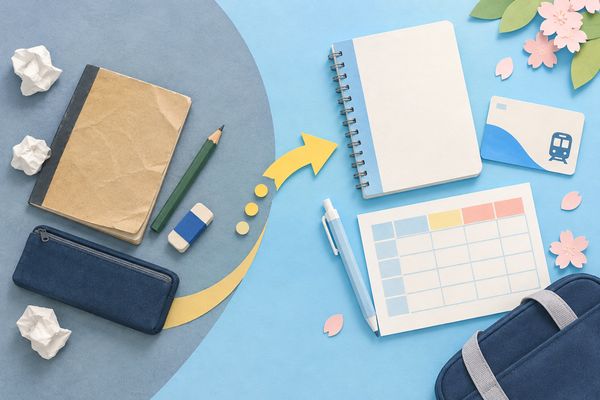 使い込んだ中学の文具から新しい高校の文具と予定表へ矢印でつながる様子