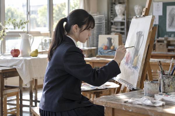 美術の授業で制作に取り組む中学生。東京都方式では実技4教科の評定が2倍されるため、1つ上げると換算内申が2点上がる