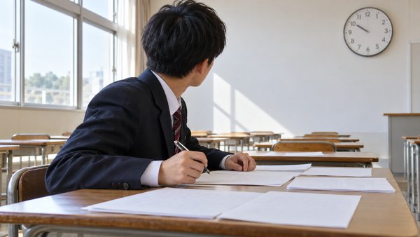 試験会場で壁の時計を見ながら、まだ解き終えていない英文のページが机に残っている高校生