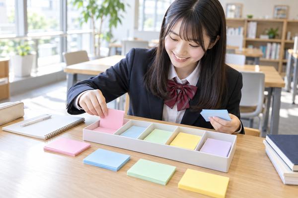 5色のカードを仕切りの付いたトレーに分けて整理する制服の高校生