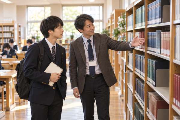 学校図書室の資料棚の前で、模試の過去問の置き場所を生徒に案内する先生