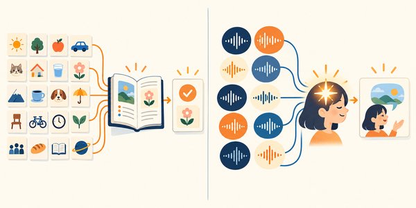 項目を細かく分けて覚える方法と、音を合図に思い出す方法を並べた図