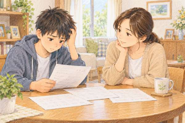 自宅のテーブルで答案を見て悩む中学生と、隣で静かに話を聞く保護者
