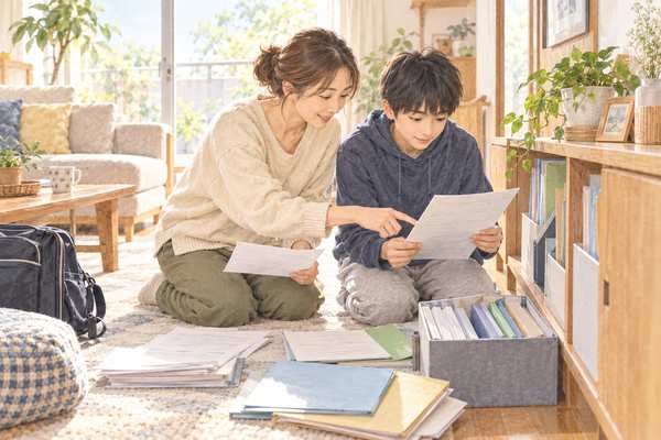 明るいリビングで、学校から配られたプリントや資料を広げ、親子で評価方法を確認している様子