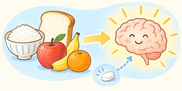ご飯やパン・果物から脳へ太い矢印が伸び、ブドウ糖の粒からは細い点線の矢印しか伸びていないことを示した図解